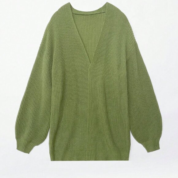 Army Green Casual Women's Solid Drop Shoulder Open Front Cardigan - Picture 6 of 8